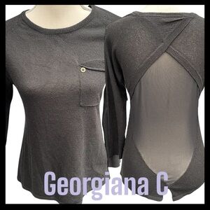 Georgiana C Black Crew Neck Sheer Back 3/4 Sleeve Knit Top (S)